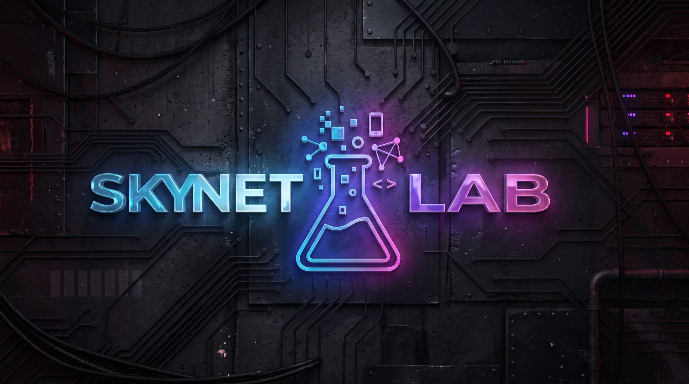Identité SKYNET LAB : laboratoire aux lumières cyan et violettes